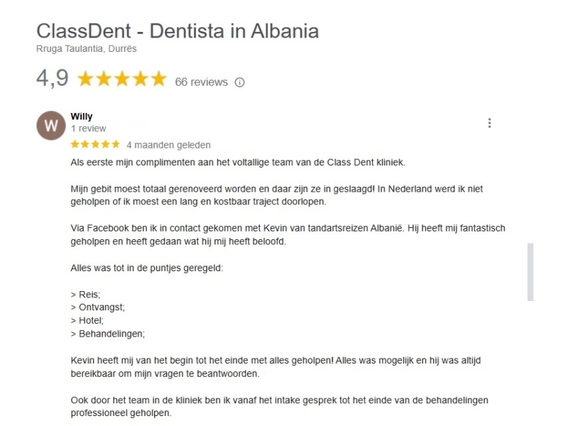Willy liet een tandartskliniek review / testimonial achter om nieuwe Nederlandstalige clienten te helpen met het maken van hun keuze.