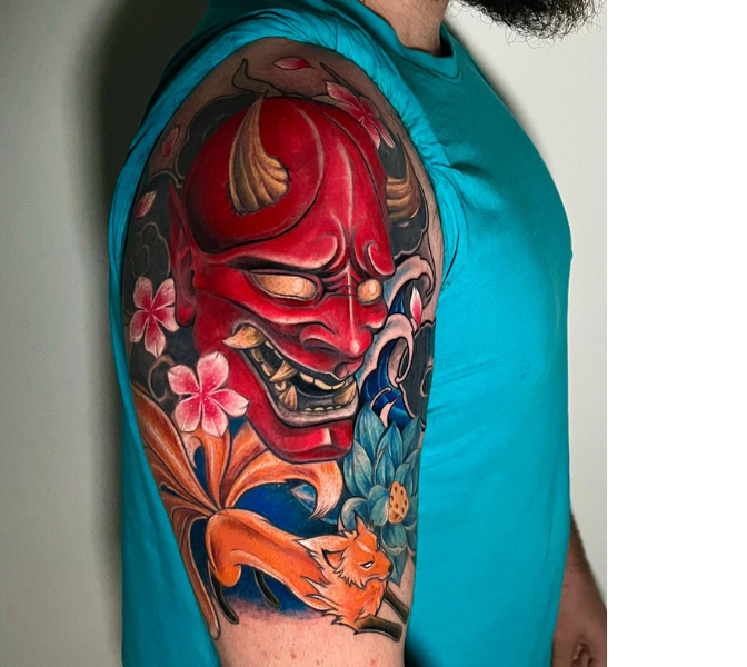 japanse tattoo Oni masker in kleur