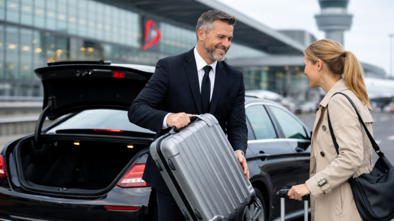 Professionele taxi chauffeur helpt reiziger met bagage bij luchthavenvervoer in België