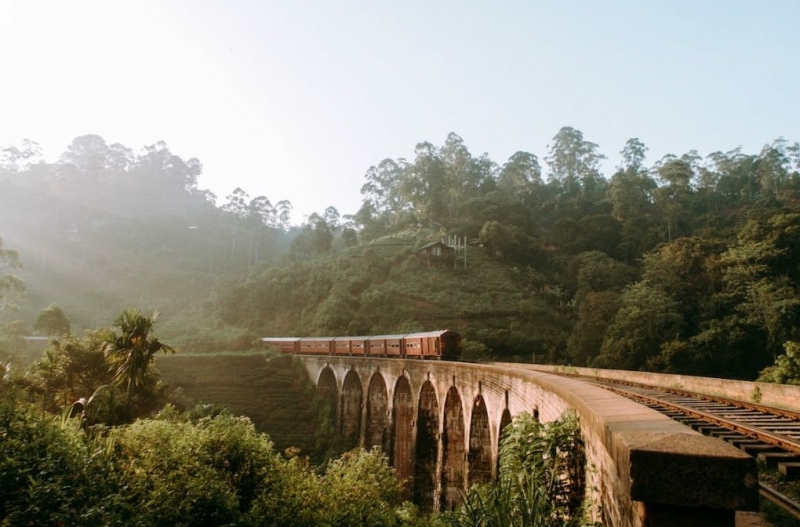 Thee plantages Sri Lanka met oude treinrails op brug