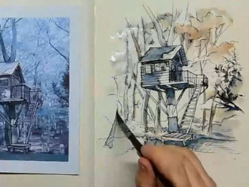 Urban Sketching boomhut met Lineke Lijn