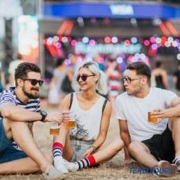 Bezoekers genieten van een festival op Texel met muziek, drankjes en zomerse sfeer