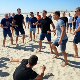 Groep mannen doet actief Expeditie Robinson-spel op het strand van Texel