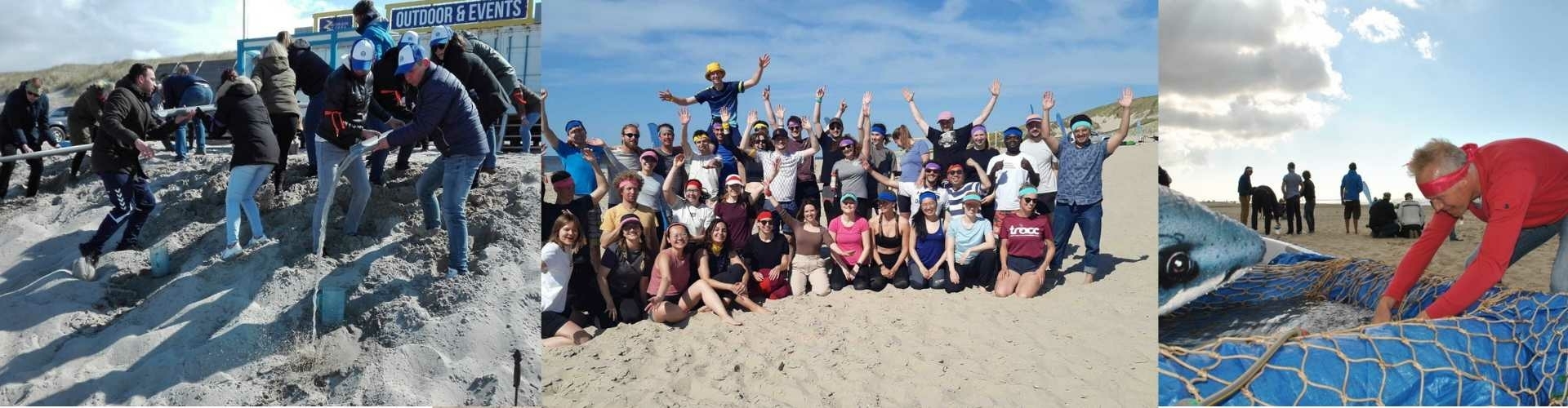 Groepen tijdens Expeditie Robinson op het strand van Texel bezig met teamopdrachten