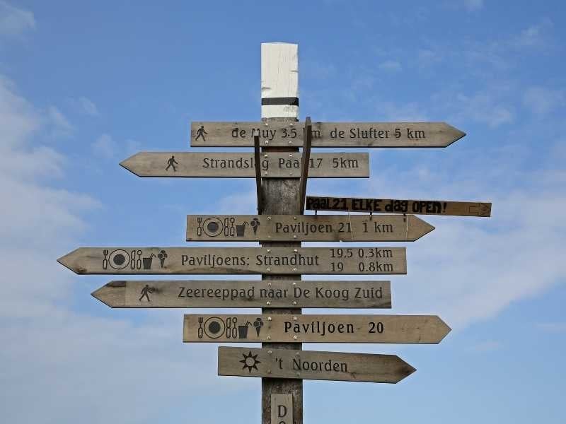 Wegwijzer naar verschillende locaties op Texel tijdens een rondrit