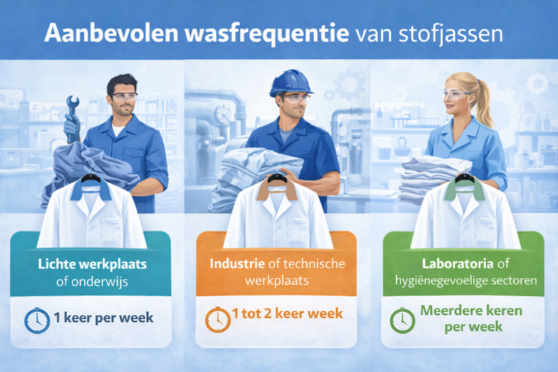 Infographic met aanbevolen wasfrequentie voor stofjassen in werkplaats, industrie en laboratorium