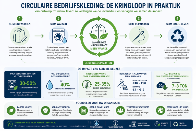 Infographic over circulaire bedrijfskleding met slim wassen, repareren en recycling voor langere levensduur en lagere CO2-uitstoot