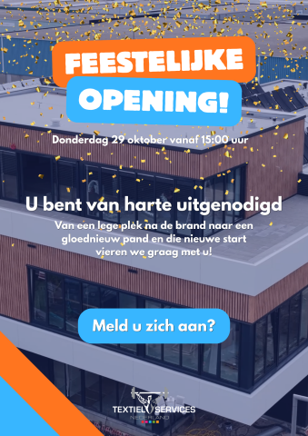 flyer feestelijke uitnodiging nieuw pand Textiel services nederland