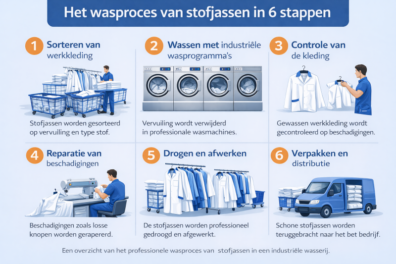 Infographic van het wasproces van stofjassen in zes stappen in een industriële wasserij