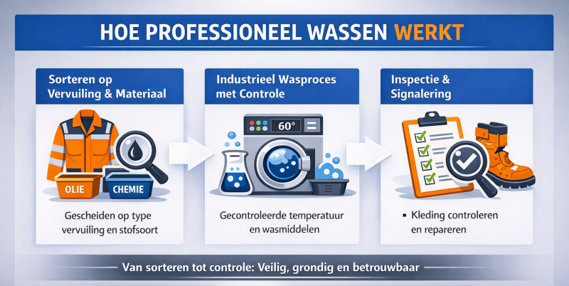 Hoe professioneel wassen van garagekleding werkt – Textiel Services Nederland Infographic met drie stappen van professioneel wassen van garagekleding: sorteren op vervuiling en materiaal, industrieel wasproces met gecontroleerde temperatuur en wasmiddelen, en inspectie met controle en reparatie van werkkleding.