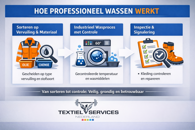 Infographic met drie stappen van professioneel wassen van garagekleding: sorteren op vervuiling en materiaal, industrieel wasproces met gecontroleerde temperatuur en wasmiddelen, en inspectie met controle en reparatie van werkkleding.