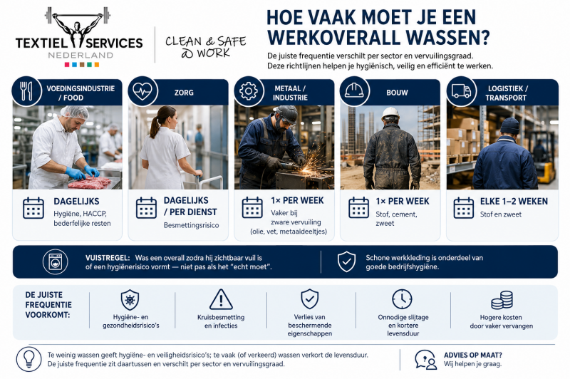 Infographic van Textiel Services Nederland met aanbevolen wasfrequenties voor werkoveralls in de voedingsindustrie, zorg, metaalindustrie, bouw en logistiek, inclusief hygiëne- en veiligheidsrichtlijnen.