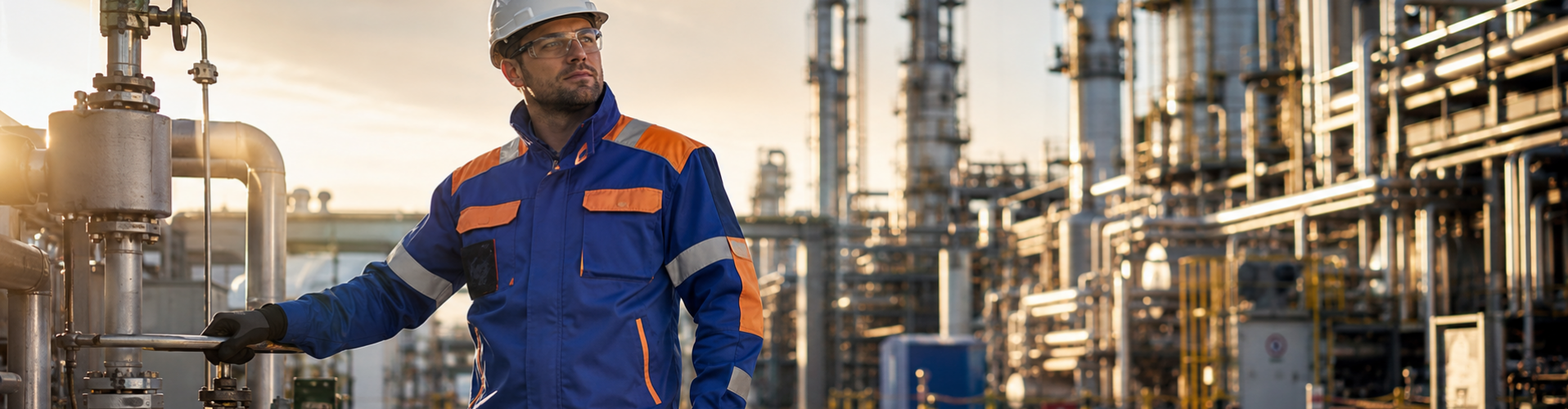 Industriële werkkleding in petrochemie | Multinorm beschermkleding in raffinaderij Industrieel medewerker in multinorm werkkleding met reflecterende strepen in een petrochemische raffinaderij tijdens golden hour, met leidingen en industriële installaties op de achtergrond.