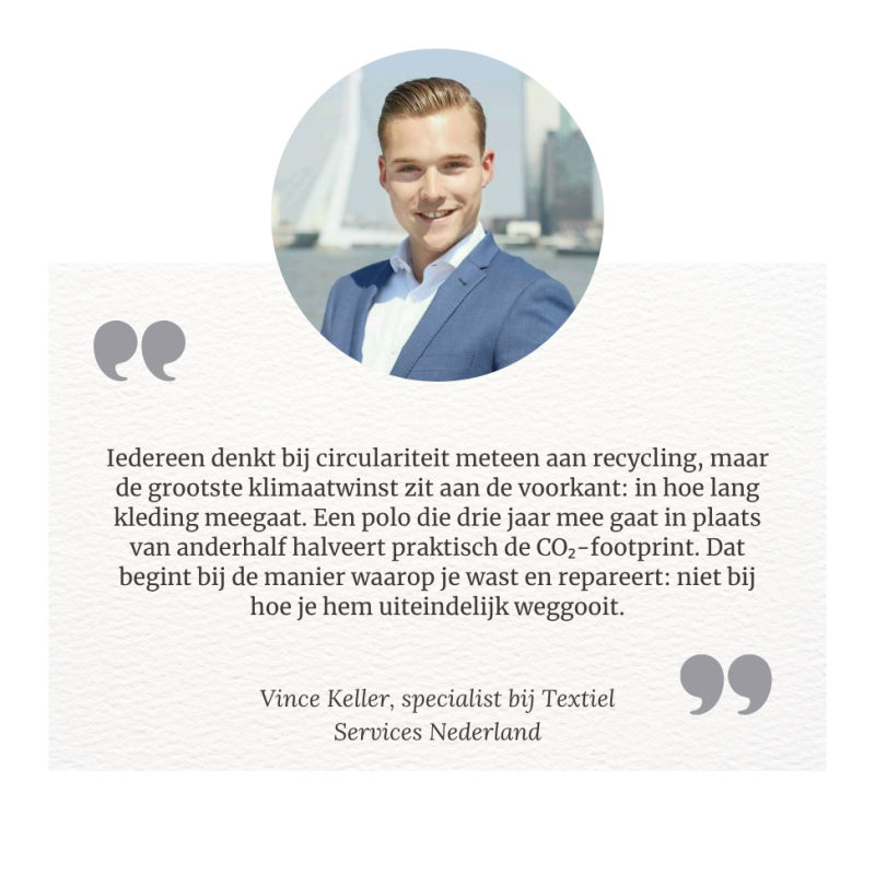 Quote over circulaire bedrijfskleding waarin langere levensduur en professioneel wassen en repareren zorgen voor lagere CO2-uitstoot