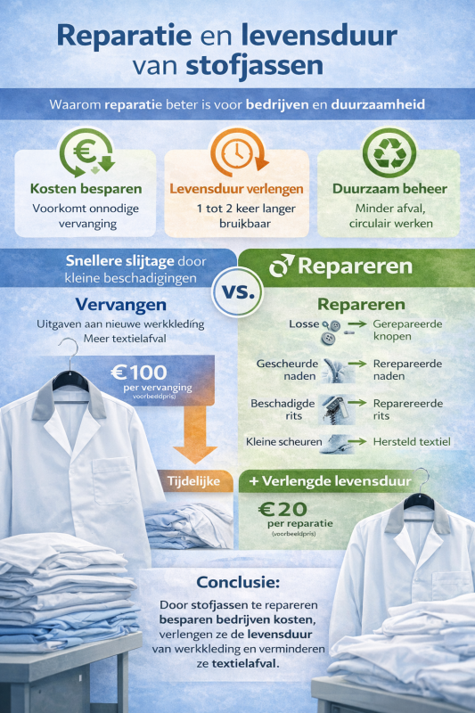 Infographic over reparatie en levensduur van stofjassen en de voordelen van repareren ten opzichte van vervangen