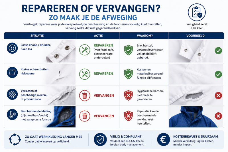 Repareren of vervangen van foodkleding: wanneer herstel veilig is en wanneer vervanging nodig is Infographic met beslisboom voor foodkleding waarin wordt uitgelegd wanneer werkkleding veilig gerepareerd kan worden en wanneer vervanging noodzakelijk is om voedselveiligheid en BRC- en IFS-eisen te waarborgen.