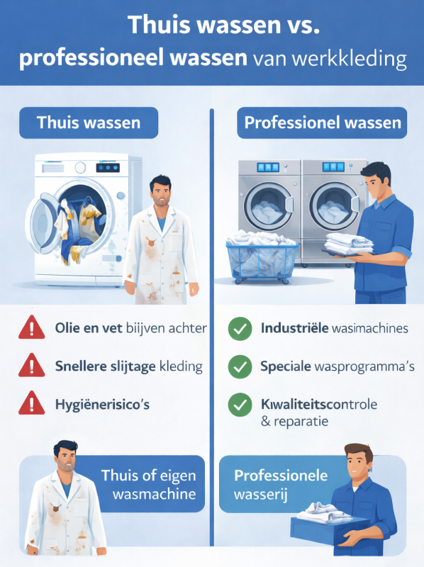 Infographic vergelijking thuis wassen van stofjassen versus professioneel reinigen in een industriële wasserij
