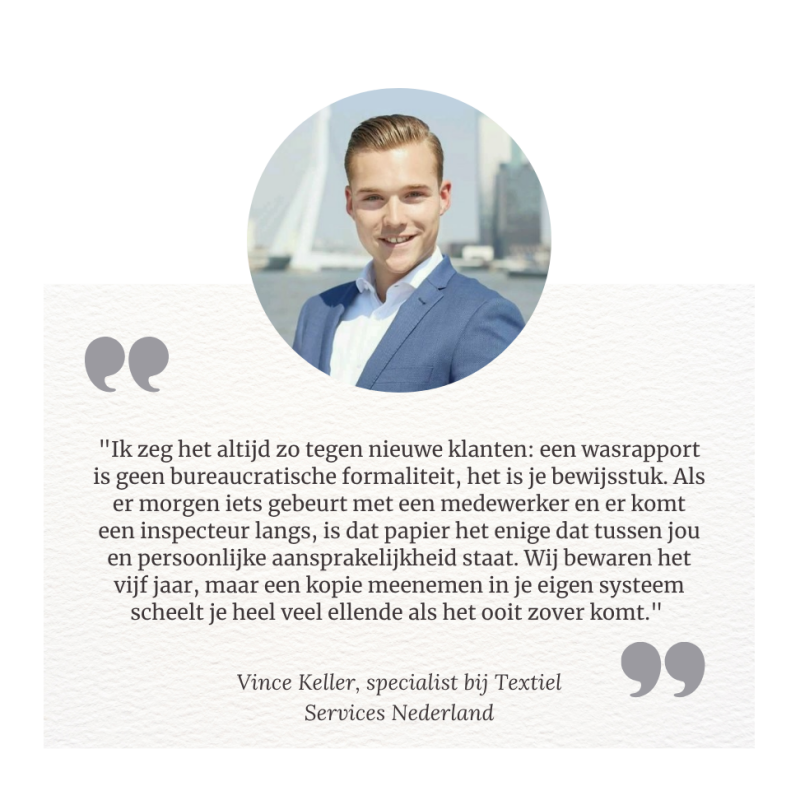 Digitaal wasrapport van werkkleding met certificering en controle in industriële wasserij voor aantoonbare compliance en Arbowet-verplichtingen