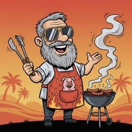 De vrolijke Grillmeester: Een cartoon van een man met grijze baard, BBQ-schort en zonnebril, klaar om te grillen.