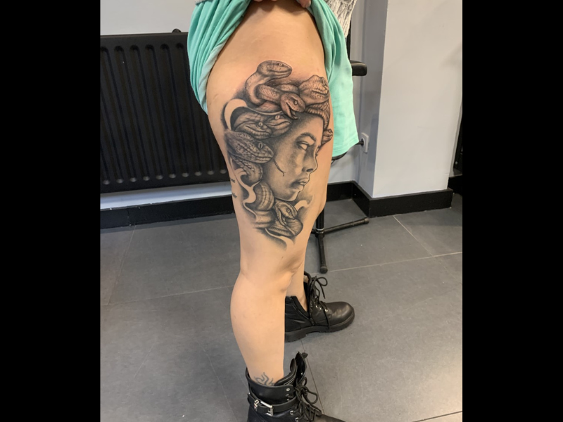 black and grey tattoo medusa