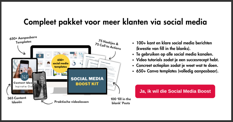 Je krijgt ALLE TOOLS die je nodig hebt voor meer online verkopen via social media: een stappenplan, een duidelijke strategie, kant en klare content ideeën en handige templates