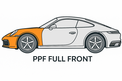 Illustratie van Porsche 911 met Paint Protection Film Full Front pakket (bumper, motorkap, spiegels en koplampen)