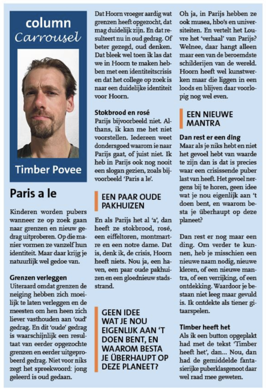 Screenshot van krant column Paris a le door Timber Povee in Hoorns nieuwsblad 7 maart 2024