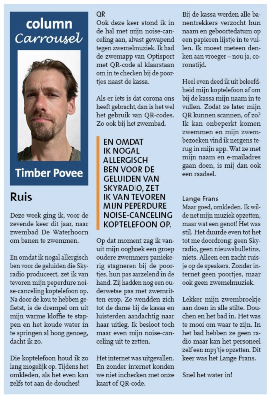 Screenshot van Timber Povee's column getiteld “Ruis” gepubliceerd in Nieuwsblad Hoorn op 6 februari 2025.