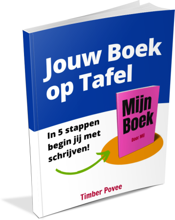 Cover van het ebook Jouw Boek Op Tafel door auteur en boekcoach Timber Povee, een gids voor het realiseren van je droom om een boek te schrijven.