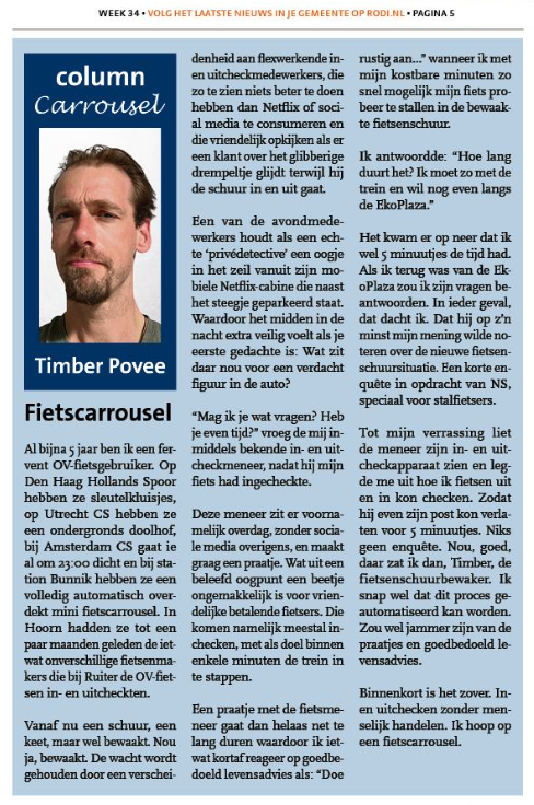 Screenshot van de column 'Fietscarrousel' door Timber Povee, gepubliceerd in het Hoorns Nieuwsblad op 24 augustus 2023, waarin hij zijn ervaringen als OV-fietsgebruiker deelt.