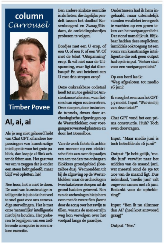 Timber Povee's column in Hoorns Nieuwsblad getiteld 'AI, ai, ai' gepubliceerd op 1 juni 2023
