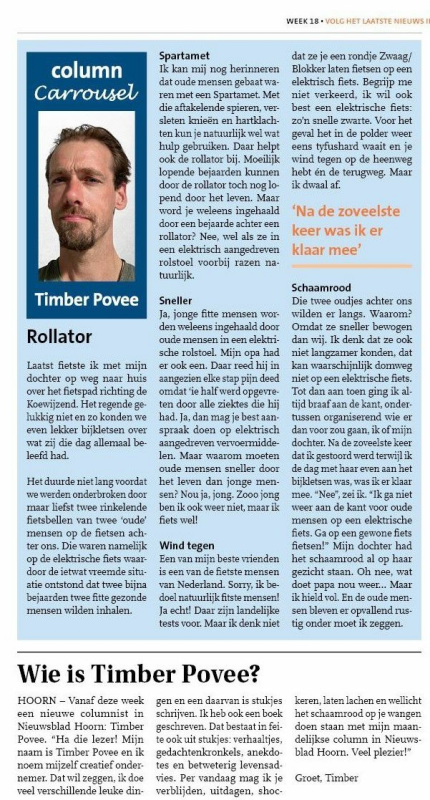 Screenshot van Timber Povees column met de titel Rollator in Hoorns Nieuwsblad op 4 mei 2023.