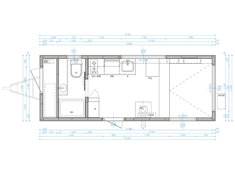 Plattegrond en maten Tiny House Moon 374