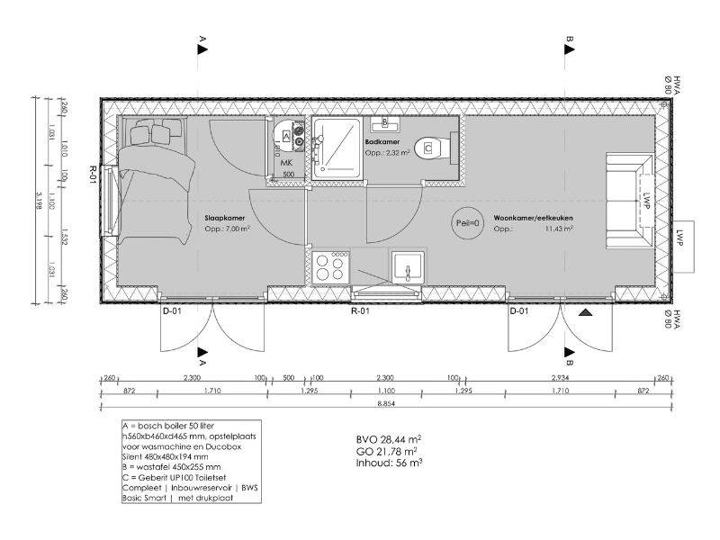 Plattegrond en maten Tiny House Amani