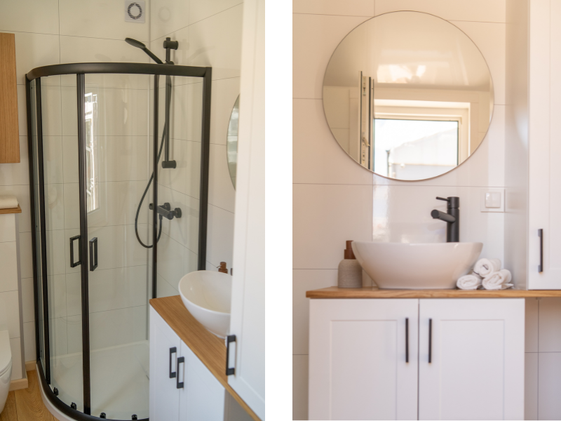 Tiny House Evergreen - badkamer met douche en wasmeubel