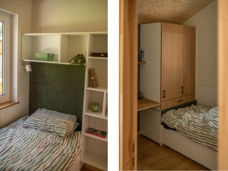 Tiny House Evergreen - kleine slaapkamer met kast en bureau