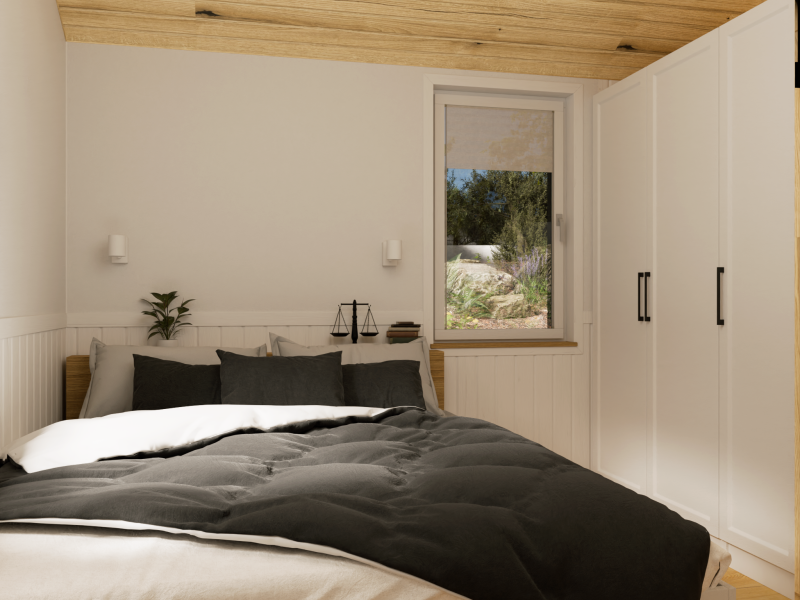 Tiny House Evergreen - grote slaapkamer met opbergkast