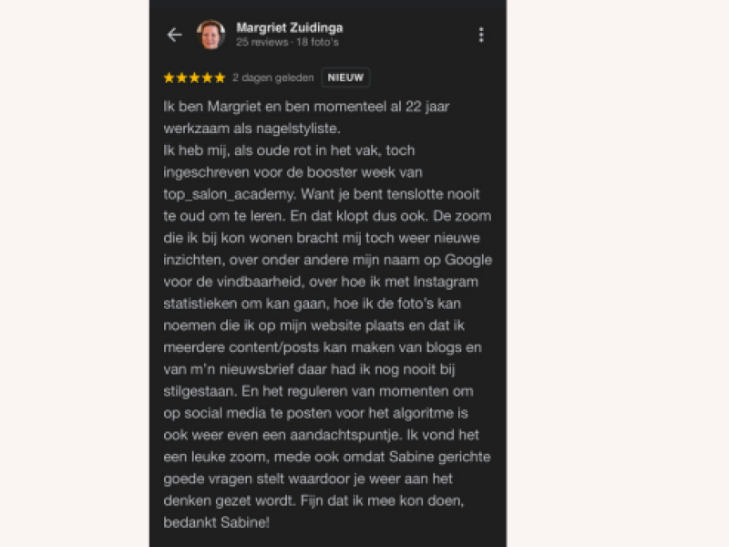 Wat anderen aan de salon coaching en trainingen van Top Salon Academy van Sabine Mus hadden Wat anderen aan de salon coaching en trainingen van Top Salon Academy van Sabine Mus hadden