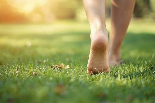 Blote voeten in het gras, symbool voor vitaliteit, ontspanning en gezondheid.