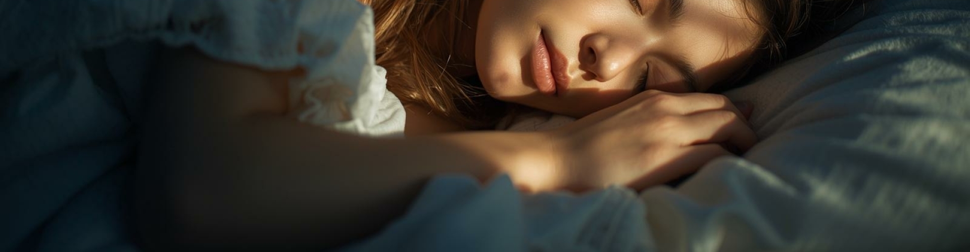 Rustige slaap in de avond – ontspanning en natuurlijke nachtrust Rustige slaaphouding in zacht avondlicht, beeld van ontspanning en herstel.