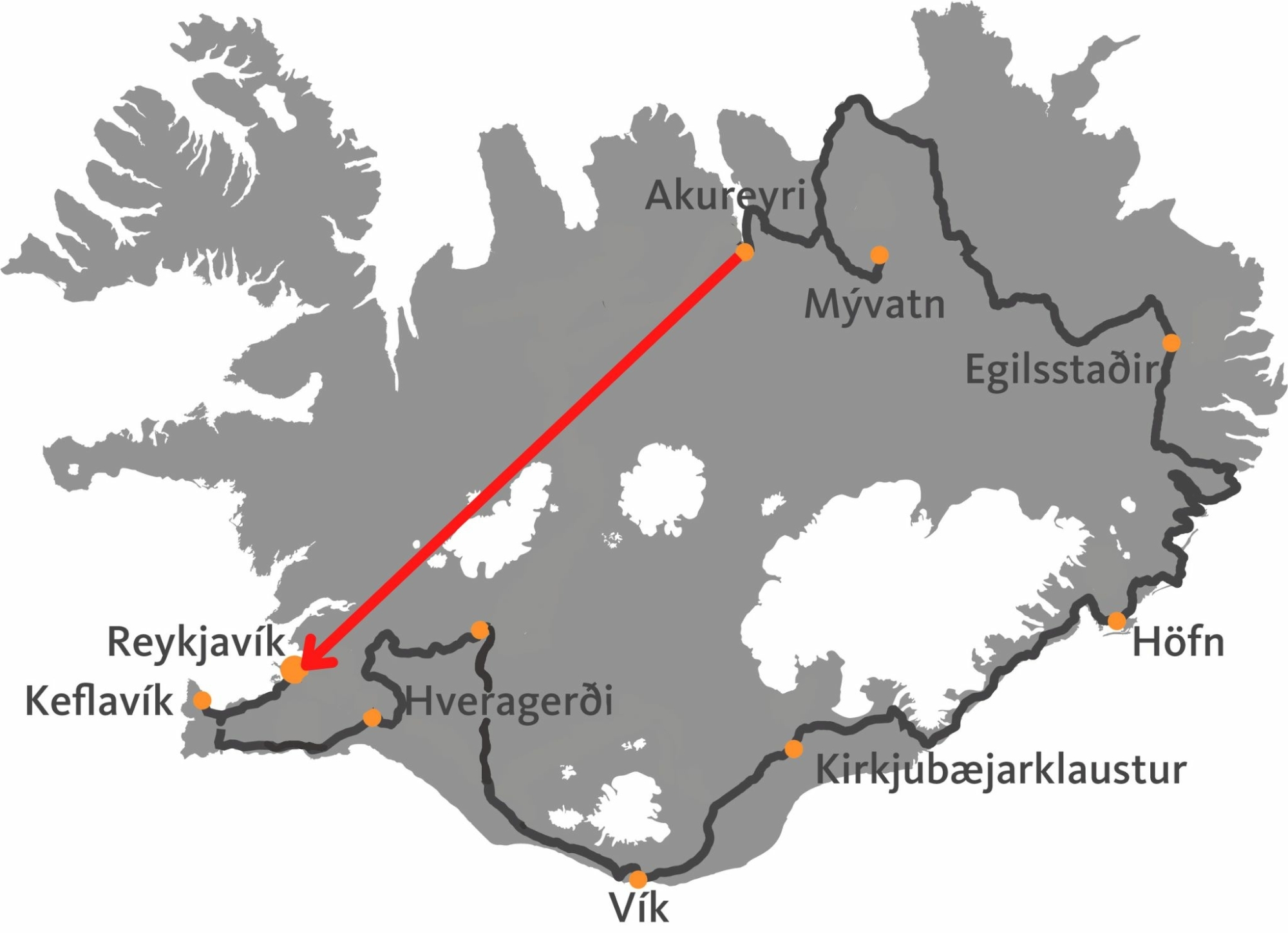 Kaart van iJsland met 10 daagse rondreis