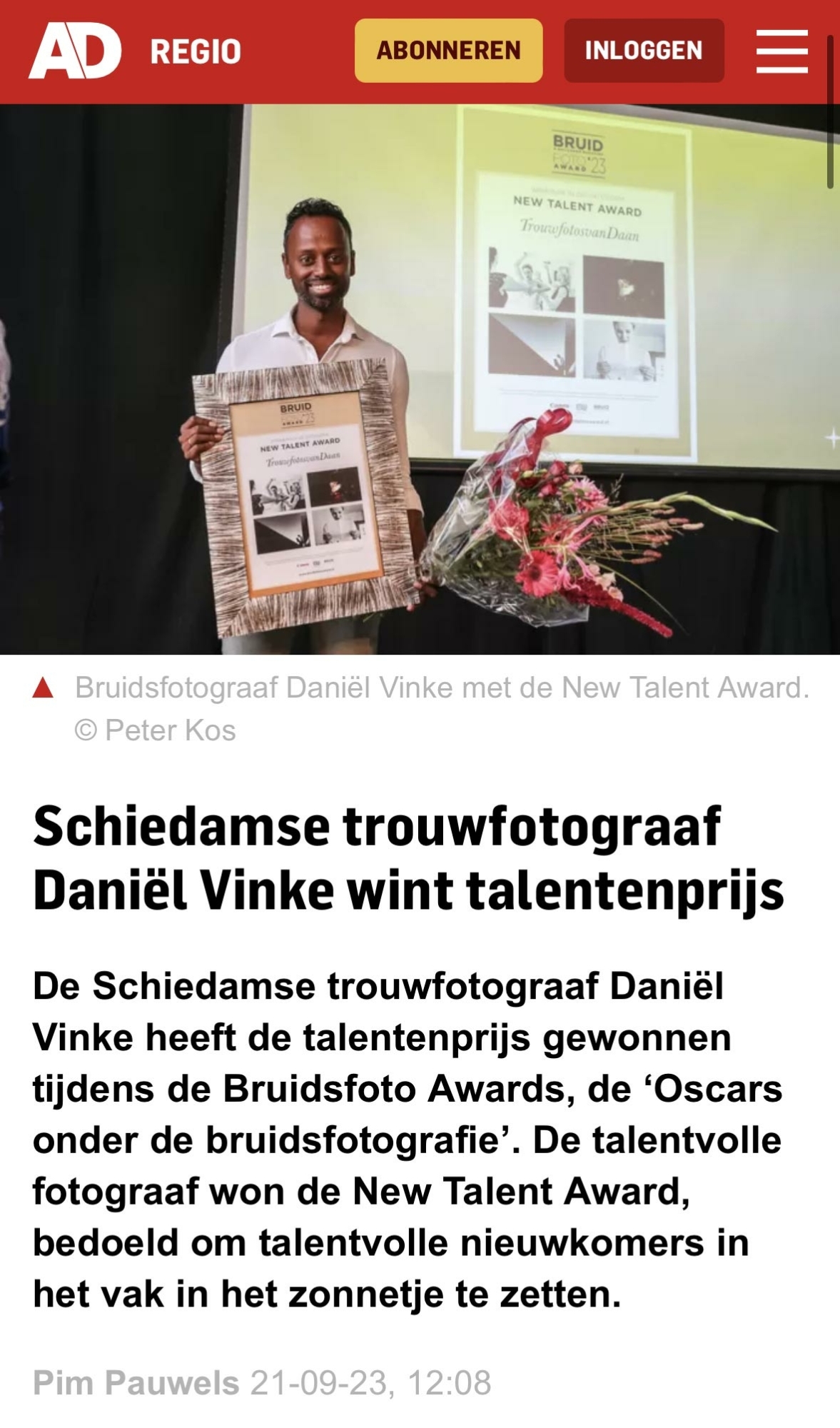 New Talent Award voor Daniel Vinke bij de Bruidsfoto Award 2023