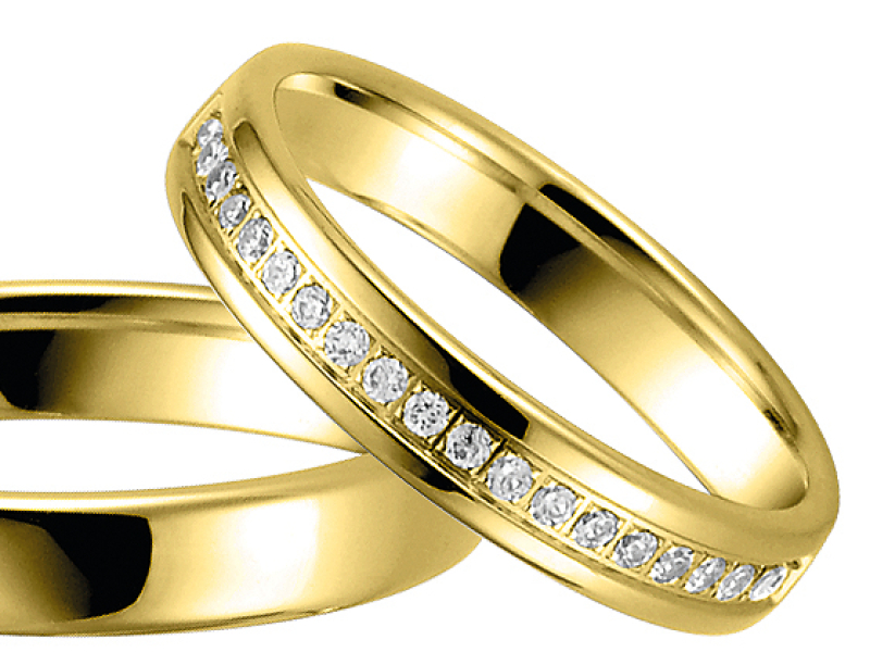 Ringen trouwen, trouw ringen, gouden ringen met diamanten rondom gezet. helemaal vol met diamanten