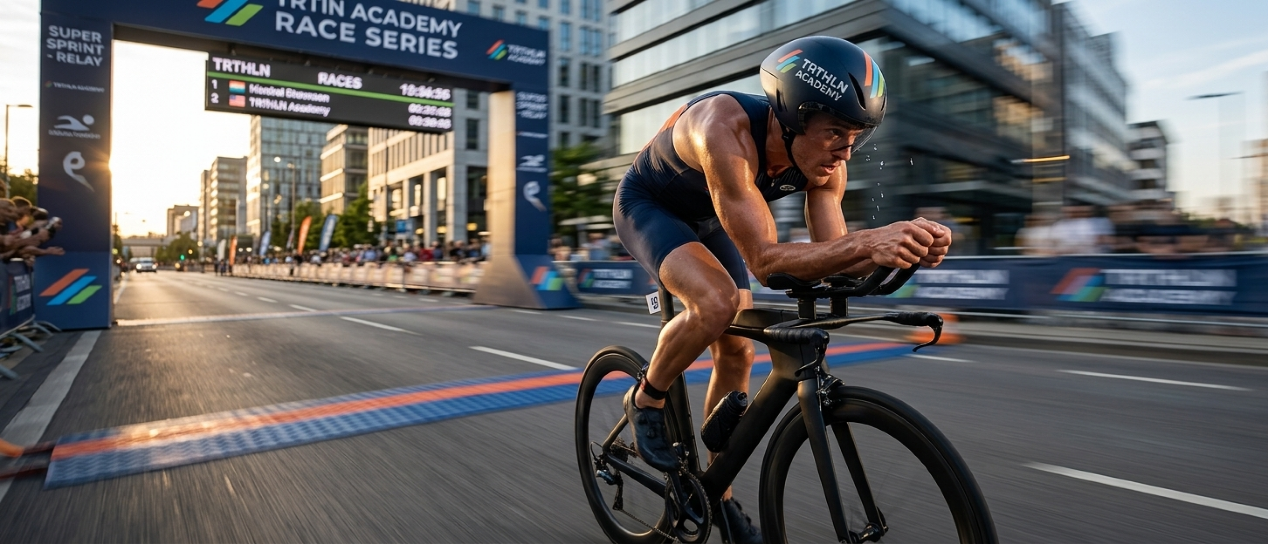 Een triatleet fietst over de finishlijn bij de Triathlon Academy Race Series