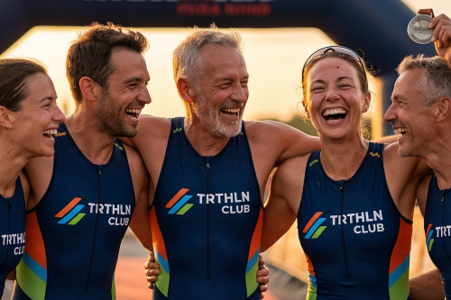 Een groep van vijf lachende triatleten in TRTHLN Club kleding deelt een overwinningsmoment bij de finish, waarbij de middelste atleet zijn medaille toont