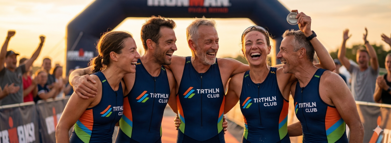 Een groep van vijf lachende triatleten in TRTHLN Club kleding deelt een overwinningsmoment bij de finish, waarbij de middelste atleet zijn medaille toont