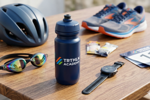 Een vlakliggende product overzichtsfoto van diverse triathlon gear op een houten tafel, waaronder een helm en een bidon met het TRTHLN Academy logo
