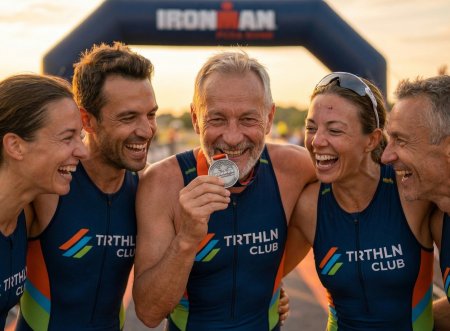 Een groep van vijf lachende triatleten in TRTHLN Club kleding deelt een overwinningsmoment bij de finish, waarbij de middelste atleet zijn medaille toont