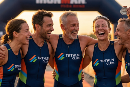 Een groep van vijf lachende triatleten in TRTHLN Club kleding deelt een overwinningsmoment bij de finish, waarbij de middelste atleet zijn medaille toont