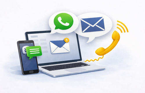 Moderne illustratie van een laptop en smartphone met zwevende iconen voor WhatsApp, e-mail en telefonische communicatie, die directe ondersteuning en contact met instructeurs symboliseren.